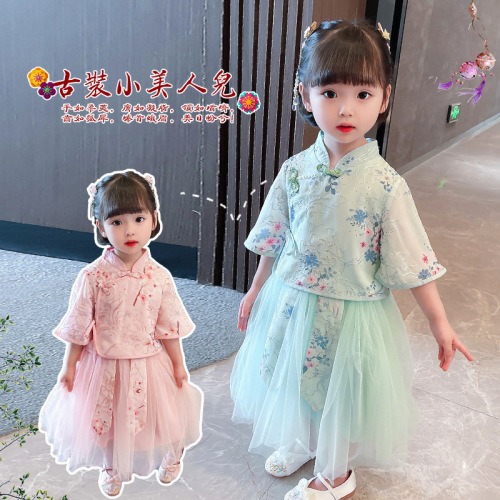 儿童汉服夏季新款小女孩复古风唐装套装女童古装两件套批发