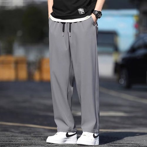 Men's Summer Thin Ice Silk Pants, Hong Kong Style Loose Casual Tapered Wide Leg Straight Leg Workwear Sport Pants