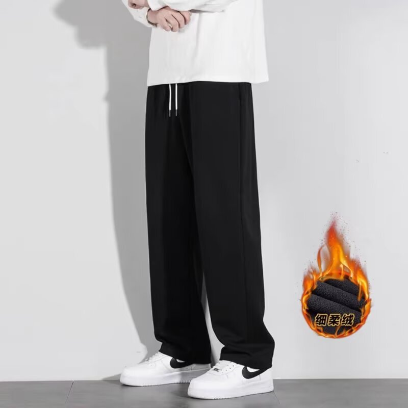 Straight sweatpants men's loose casual sports plus size autumn and winter 2023 students fleece-lined thickened all-match wide-leg trousers