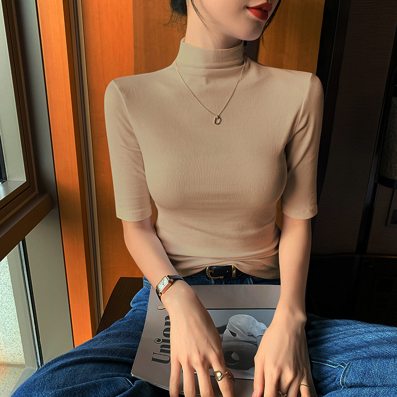モーダル半袖 Tシャツレディースハーフタートルネックボトリングシャツ 2025 夏の新ファッション多用途黒スリムトップ|undefined