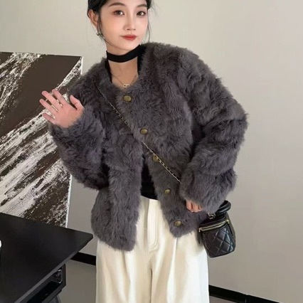 皮毛一体08小虎羊外套皮草圆领短款外套女秋冬季新加厚保暖上衣