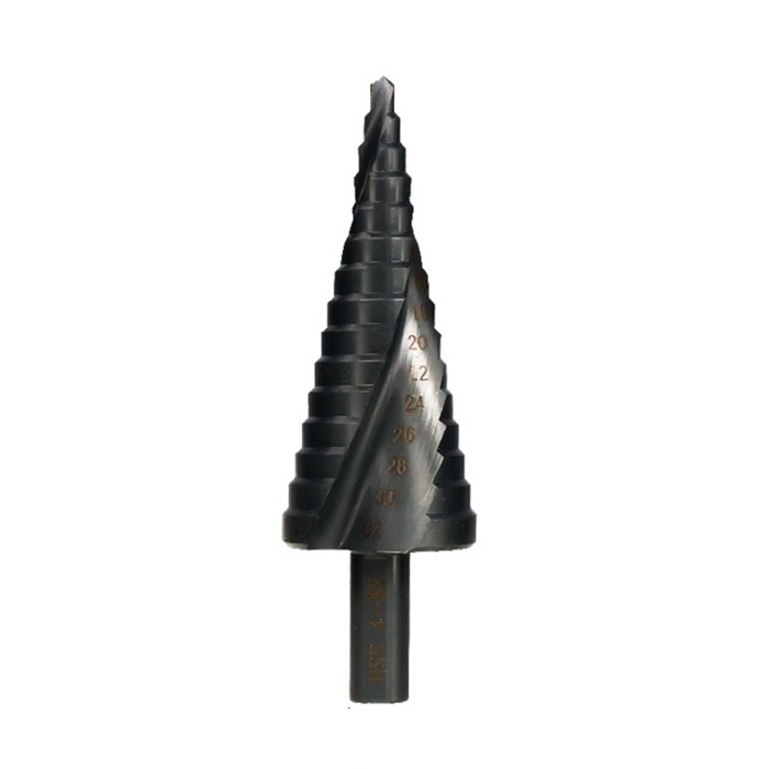 Broca escalonada de ranura espiral transfronteriza, juego de 3 piezas, vástago triangular, nitridada en negro, broca escalonada tipo pagoda, acero aleado