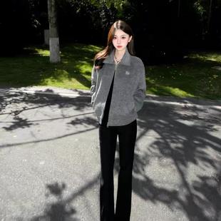 Retro Gray Woolen Jacket for Women 2025 New Loose Casual Versatile Jacket Zipper Top Sexy Style
