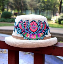 中国风棉麻休闲绣花半卷边小礼帽 刺绣复古帽 民族特色绣花帽批发