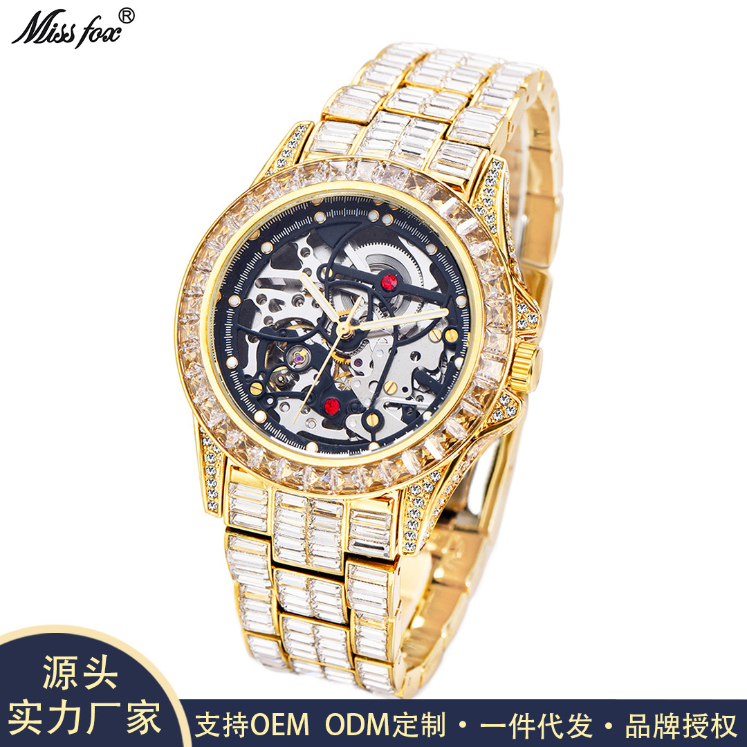 MISSFOX reloj europeo y americano popular hip hop calle inconformista completo diamante automático hueco mecánico reloj de hombre