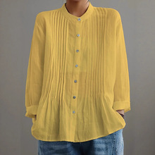 跨境外贸新款棉麻小立领衬衫女装纯色三宅褶皱百搭开衫气质上衣