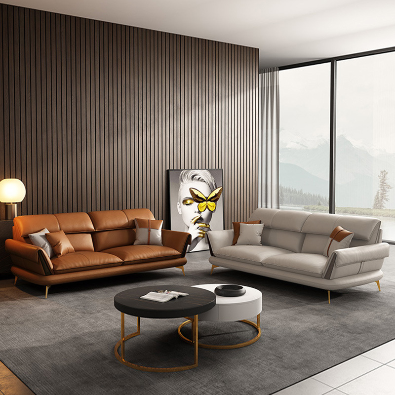Sofá de cuero primera capa de piel de vaca italiano minimalista de tres asientos sofá muebles de sala de estar respaldo alto sofá de fila recta combinación