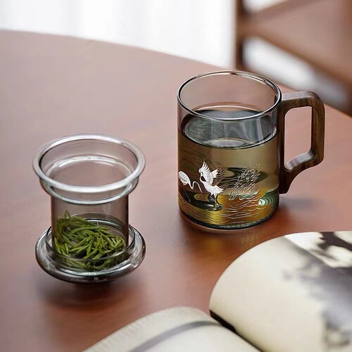 Nine Rivers Handmade Smoky Gray High-End Office Cup with Gold-Plated Relief Crane Perching on Tree Design Three-Cup Gift Box Tea Set