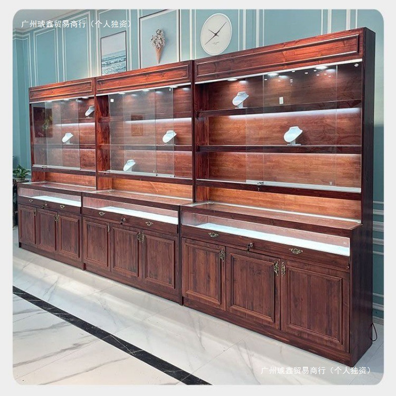 复古实木珠宝展示柜翡翠古玩玉器透明陈列柜首饰蜜蜡饰品玻璃中岛