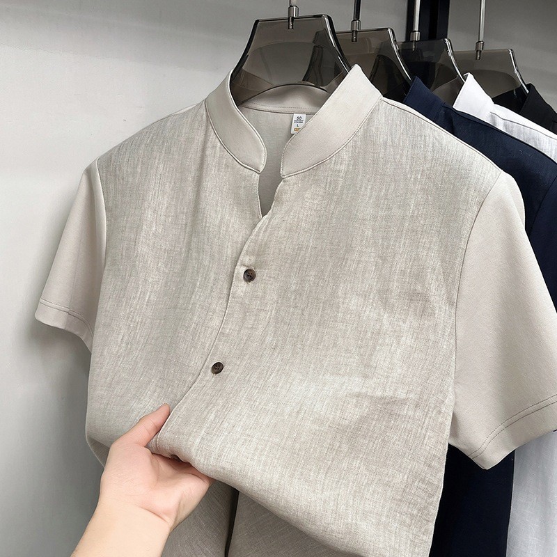 New Chinese style 100% linen stand-up collar short-sleeved shirt for men, 2026 summer new style, breathable, simple and casual men's shirt.
