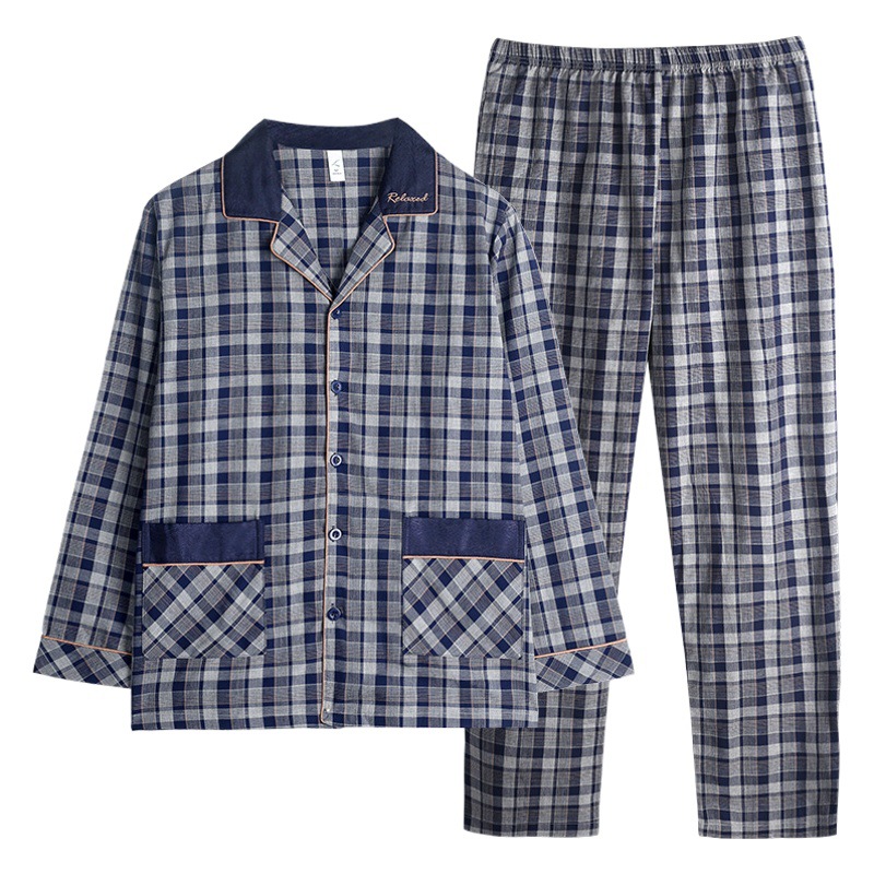 Nuevos pijamas de los hombres de primavera y otoño Delgado 100% algodón cardigan de manga larga a cuadros de los hombres de desgaste del hogar traje de dos piezas