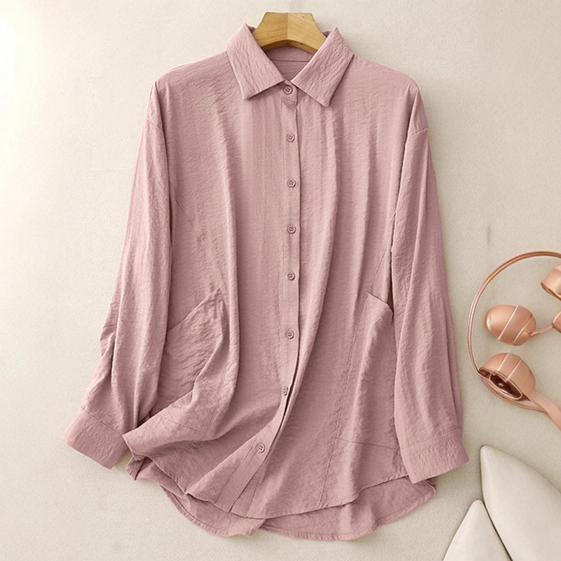 2025 Cross-Border European and American Clothing Amazon Temu Hot Selling Women's Pink Long-Sleeved Shirt Casual Button Top