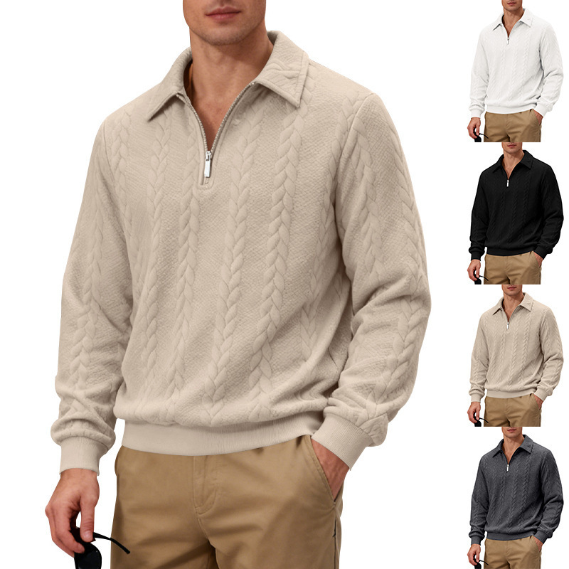 2026 Cross-Border Spring and Autumn Men's Heavy Textured Casual Commuting Simple Textured Lapel Zipper Polo Sweatshirt