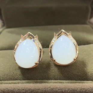 Fubei Diamond Jewelry 18K Gold Inlaid with Hetian Mutton Fat White Jade·Bud Earrings, Loose Stone Size 9*12mm