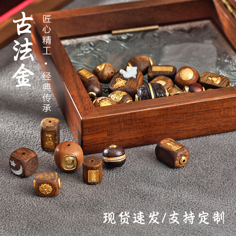 925 Ancient Silver Gold-Plated Natural Agarwood Barrel Beads Old Type Bead Pendant Pendant Extension Chain DIY Jewelry Accessories