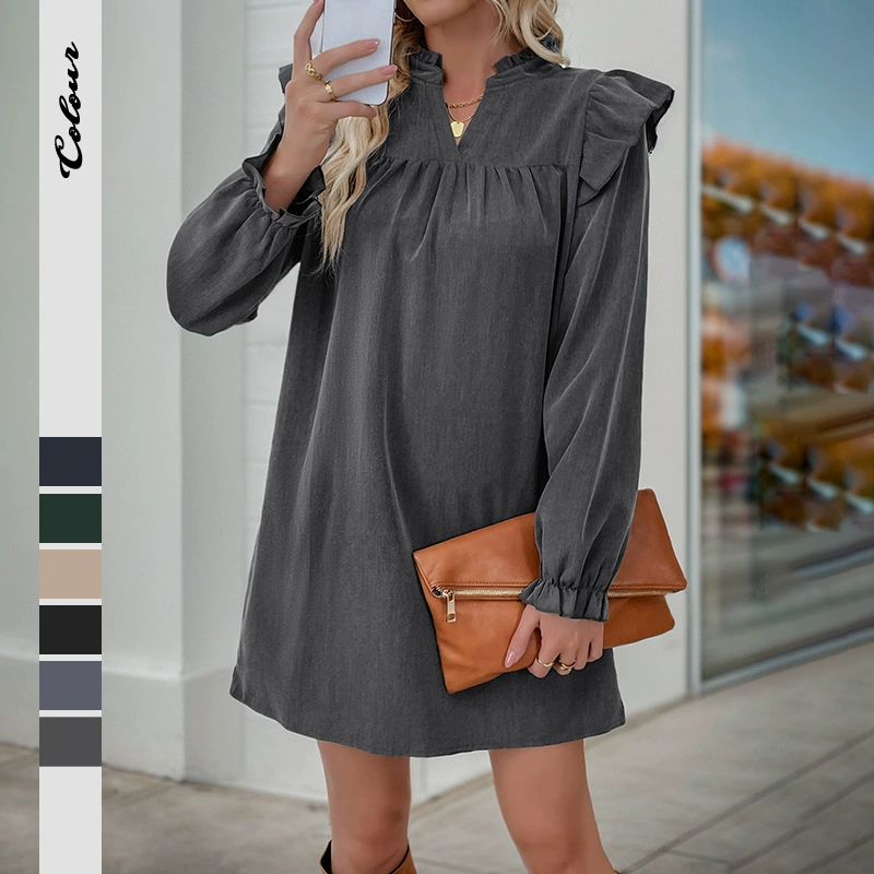 Amazon Independent Station 2024 новый европейский и американский трансграничный сплошной цвет лотоса с длинными рукавами свободного воротника платье женский