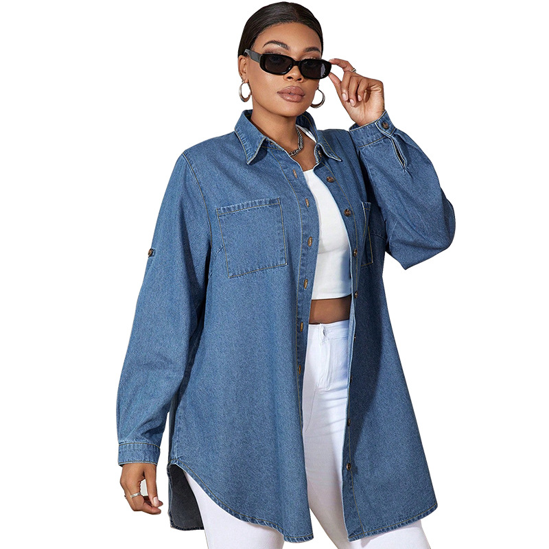 Oversized Jeanshemd Damen Langarm Denim Jacke Casual Bluse_voghion.com