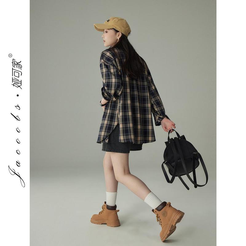 娅可家经典格子衬衫女春秋复古港味气质宽松休闲通勤别致衬衣上衣|undefined
