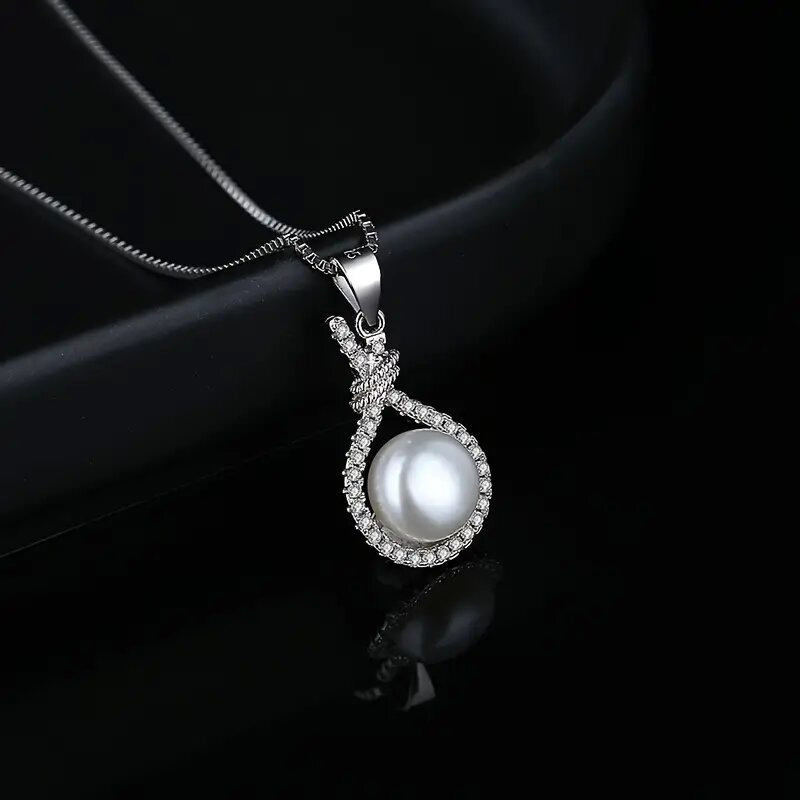 Collier pendentif perle avec zircon et finition or blanc_voghion.com