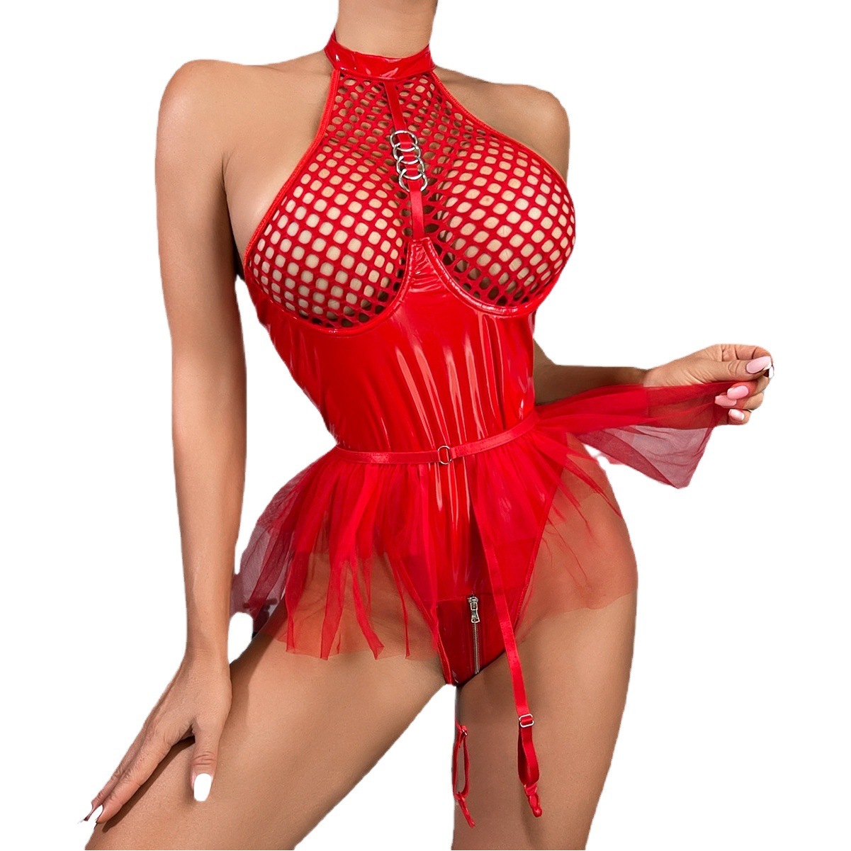 De estilo europeo y americano sexy pu charol malla conjunta Halter ropa interior malla pettiskirt Liga traje de una pieza desmontable 3334