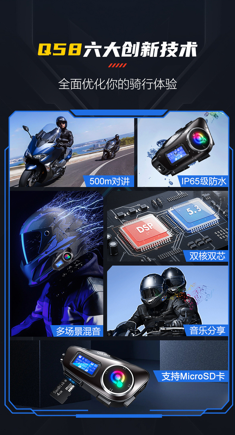 Q58Max Helmet Bluetooth Headset Motorcycle Helmet Headset Cycling Headset Cycling Equipment ​ Helmet Intercom
