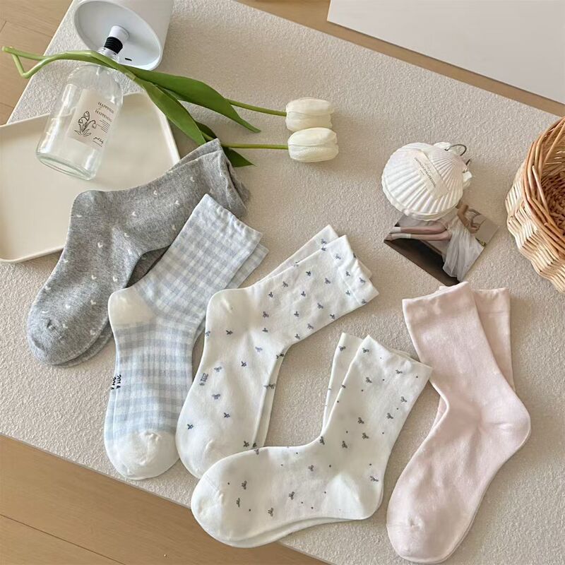 Korean-Style Ins-Style Bowknot Mid-Calf Socks, Versatile Floral and Plaid Maternity Socks for Spring and Summer, Pure Cotton, Breathable, Sweat-Absorbent Women's Socks