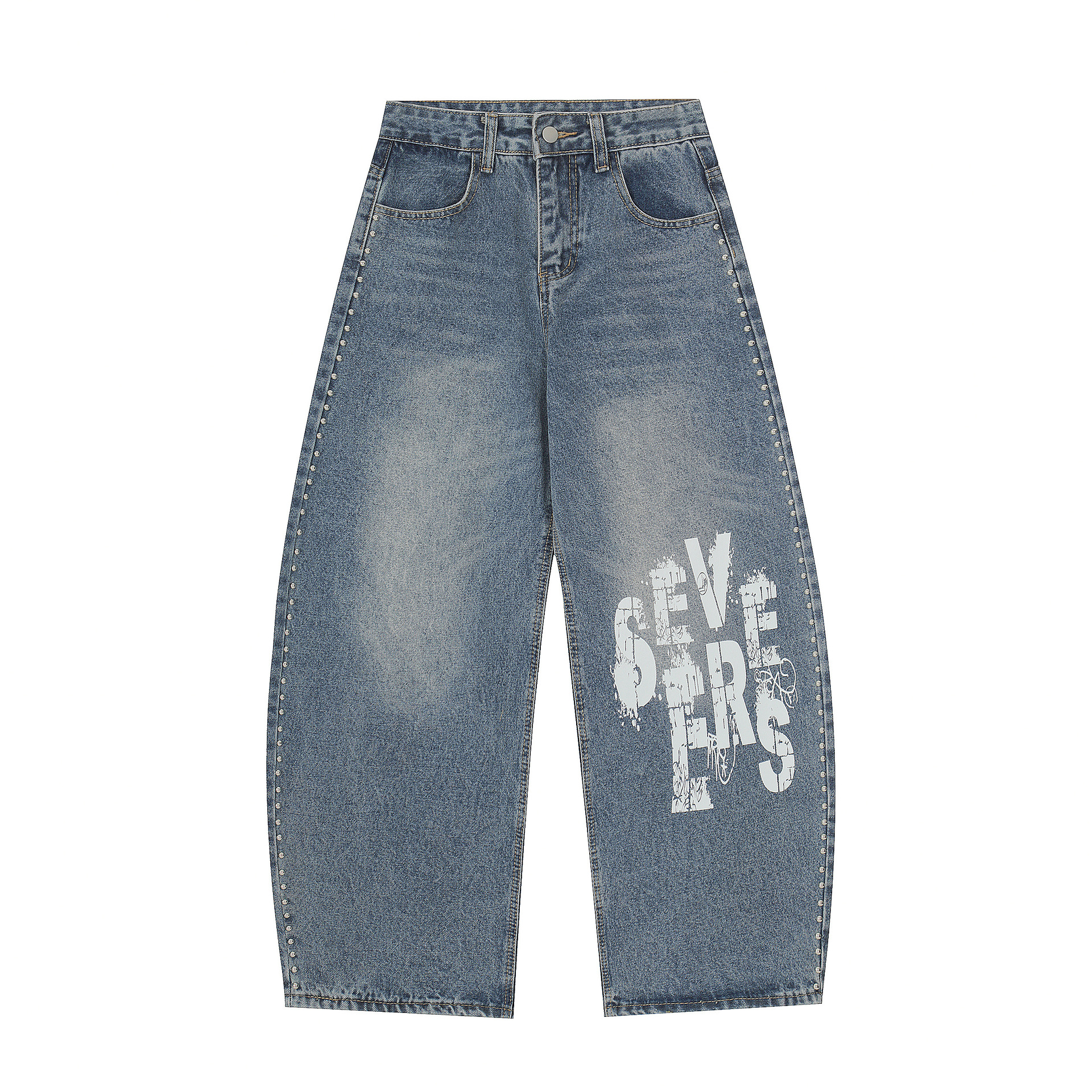 Streetwear Letter Print Jeans For Men – Relaxed Straight-Leg Denim Pants With Distressed Design, Unisex Casual Trousers (Black/Blue, S-XL)_mkmklike.com