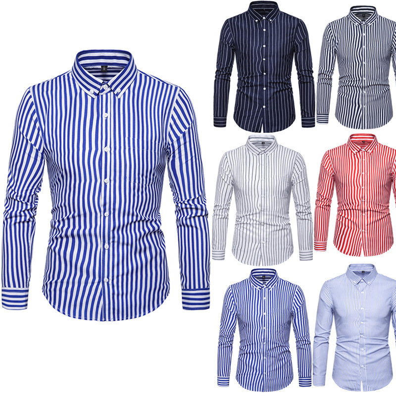 Cross-Border Foreign Trade Men's Shirts Long-Sleeved Shirts Men's Casual Shirts Men's Striped Polyester Men's Inch Shirts