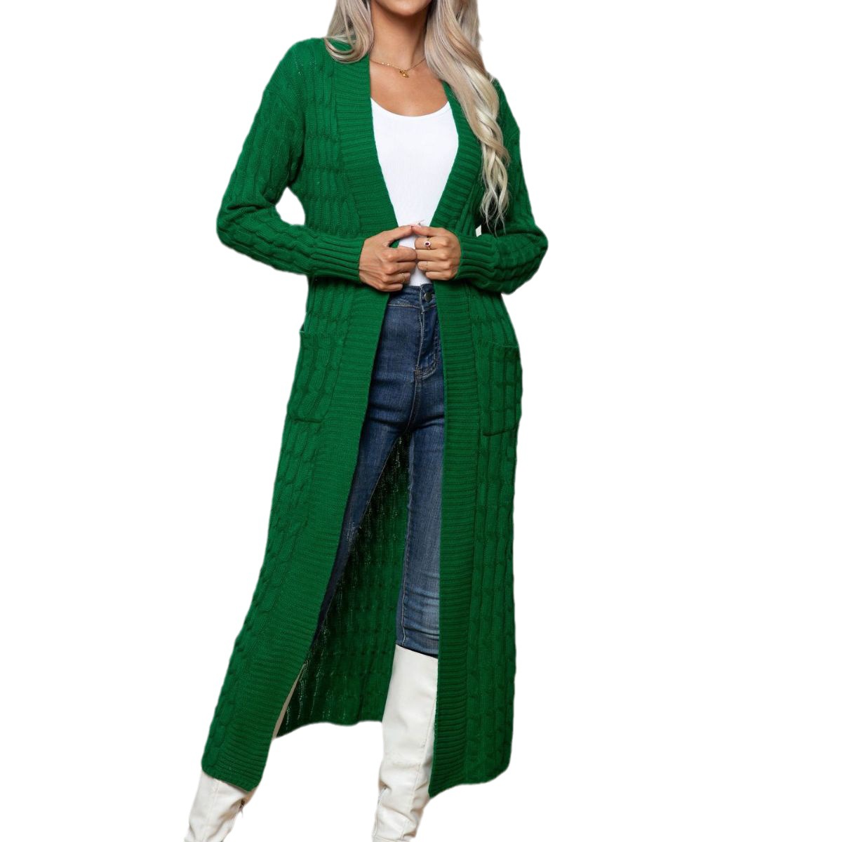 Popular Real shot twist pocket extended knitted cardigan sweater women's autumn and winter Amazon European and American cross-border women's clothing