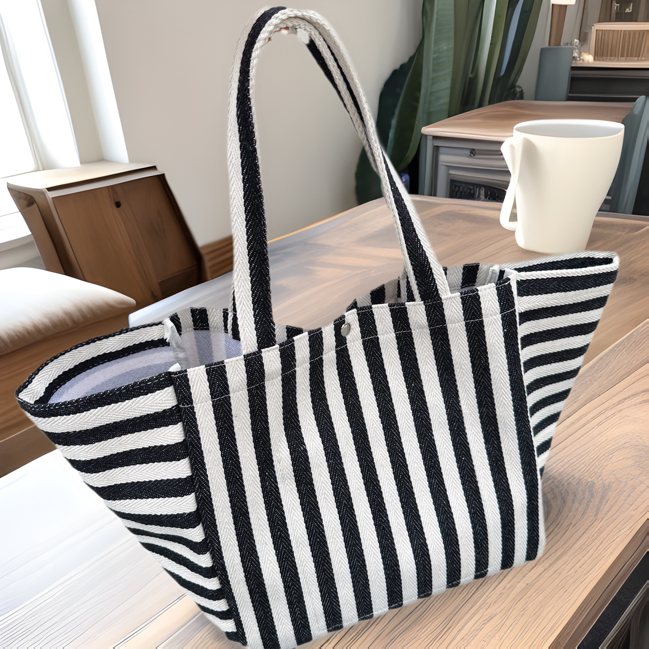 简约韩版条纹文艺托特包2025春夏小清新休闲大容量单肩包复古通勤