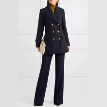 春秋新款翻领双排扣气质后绑带修身中长款女毛呢大衣干练外套