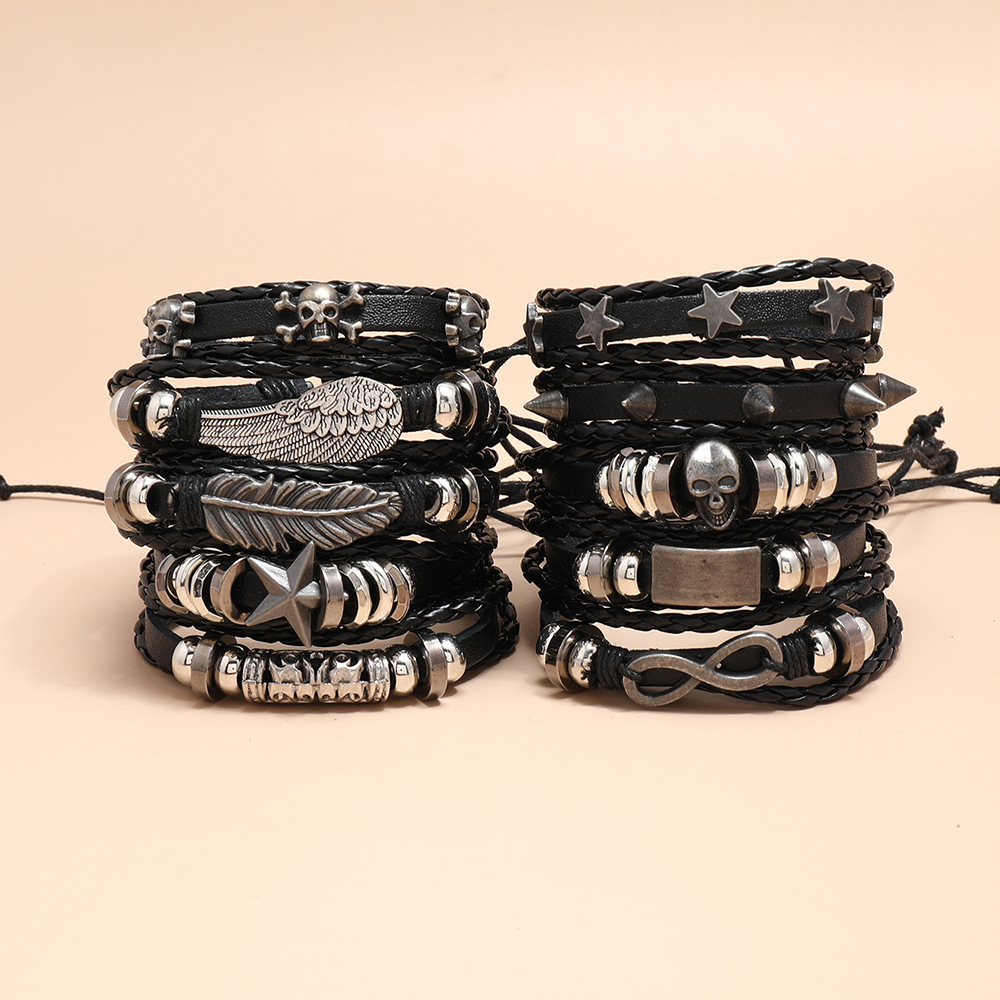 European and American punk style sharp nail beaded leather bracelet 12-piece set