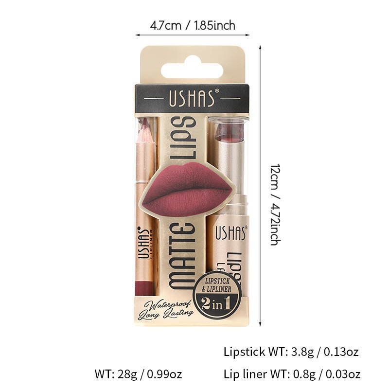 Delineador de labios USHAS transfronterizo Amazon con taza antiadherente, lápiz labial mate impermeable de larga duración, juego de lápiz labial 12 colores
