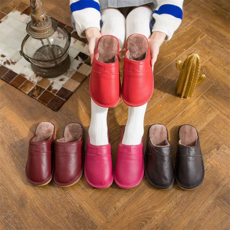 [first layer of cowhide] leather home leather slippers for men and women couples non-slip winter gift warm cotton slippers