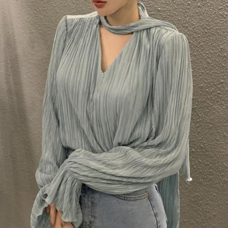 春と秋のフレンチニッチVネックレースアッププリーツハイエンド長袖シャツレディースウエスタンスタイルインナートップ|undefined