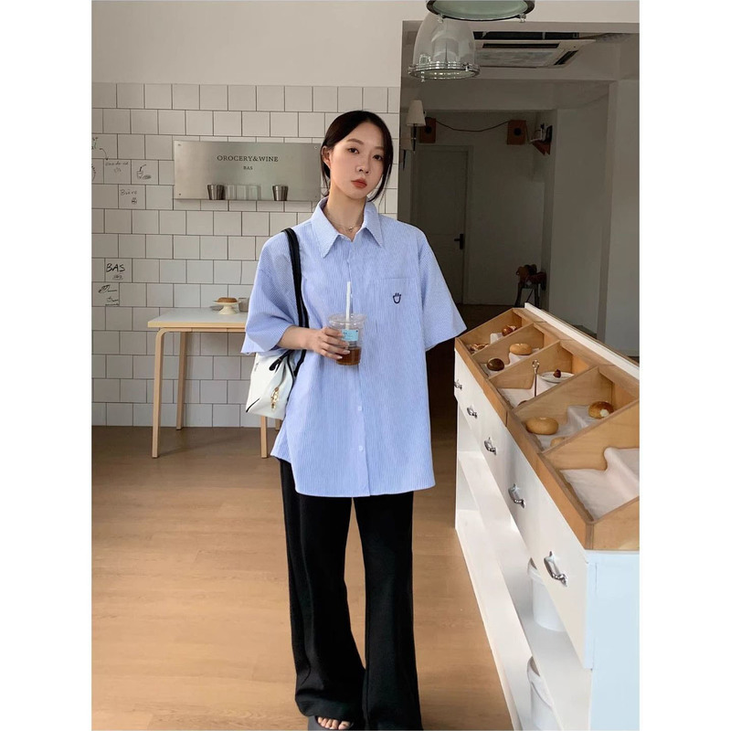 BWKA多巴胺笑脸刺绣短袖衬衣女男夏季潮牌宽松翻领条纹衬衫T恤ins|undefined
