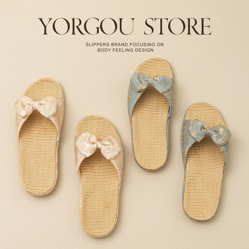 Yuangang New Chinese Style Linen Slippers for Women, Summer Indoor Non-Slip Home Use, Sweat-Absorbent, Breathable, Odor-Resistant Fabric, All Seasons