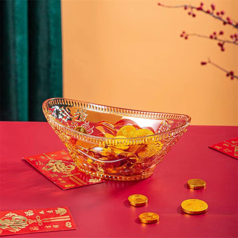 Tipo de lingote de vidrio festivo plato de fruta caja de regalo hogar sala de estar mesa de café regalo de apertura de fruta al por mayor plato de aperitivos dulces