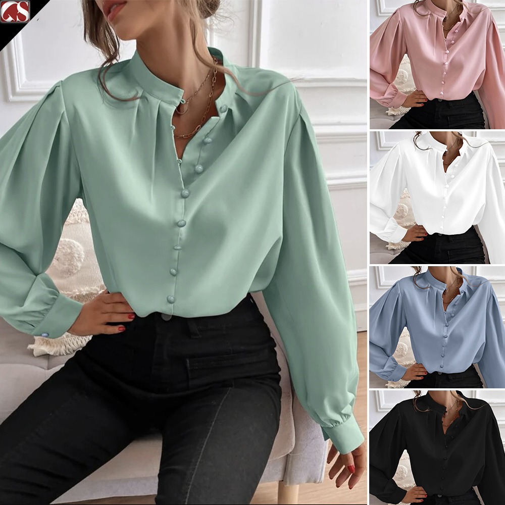 En stock transfronteriza europea y americana 2023 Amazon camisa de las mujeres populares semi-abierto cuello de color sólido suelta de manga larga elegante image 1