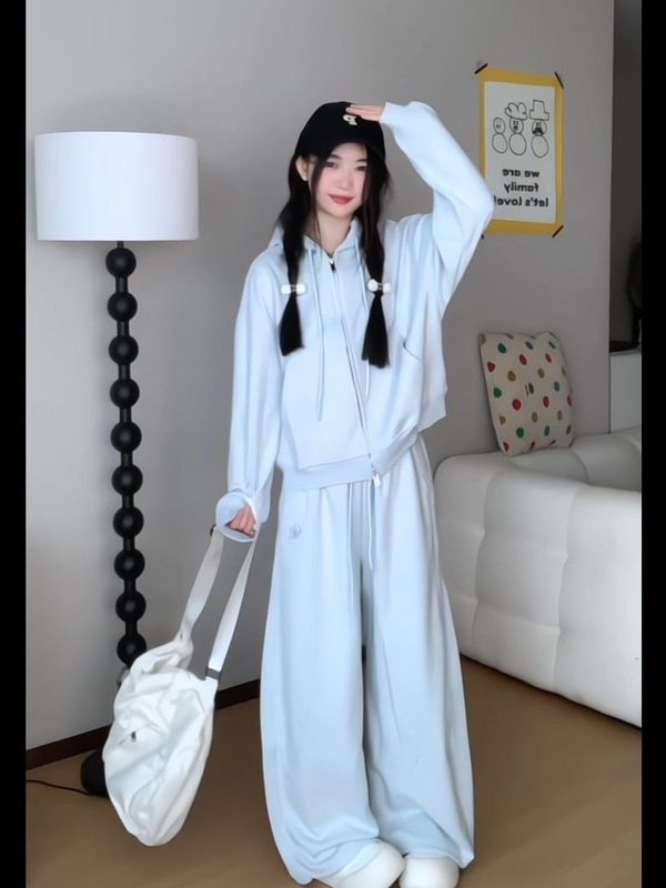 高级感休闲运动套装女秋冬季学生慵懒风连帽开衫卫衣阔腿裤两件套|undefined