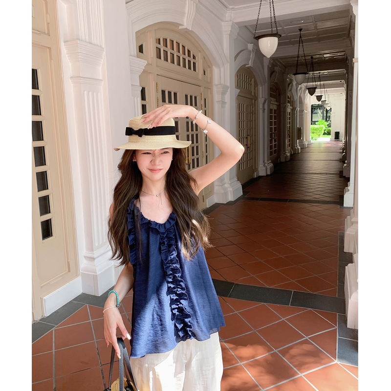 Ruffled Dark Blue Camisole Top for Women, Summer 2025 New Style, Sleeveless T-Shirt, Babydoll Shirt, Casual Loose Tank Top
