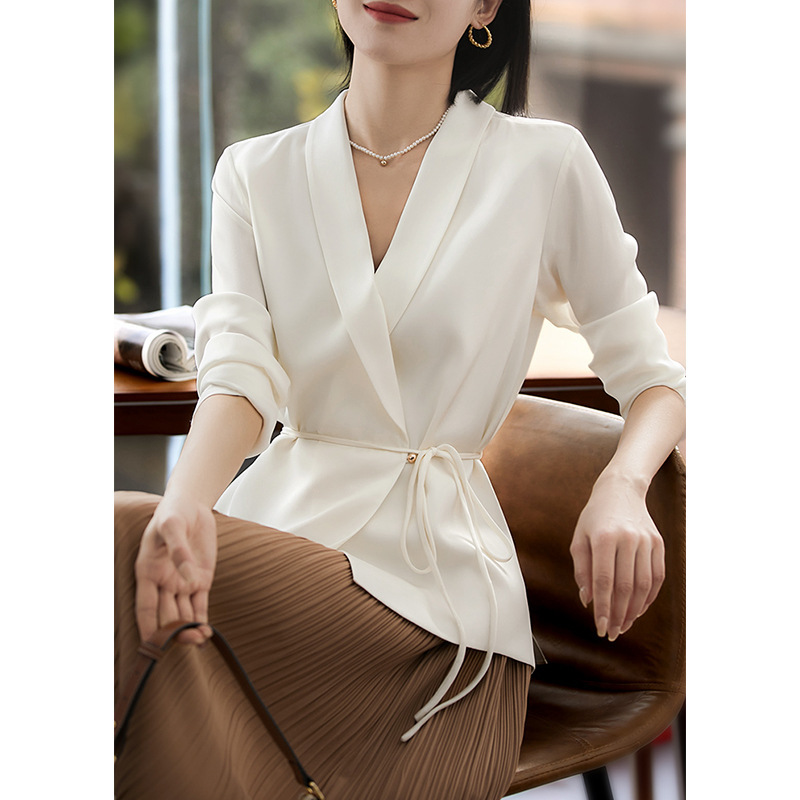 French Satin Suit Shirt for Women 2026 New Spring and Autumn Petite Versatile Top Loose Tie Long-Sleeve Shirt French Satin Suit Shirt for Women 2026 New Spring and Autumn Petite Versatile Top Loose Tie Long-Sleeve Shirt
