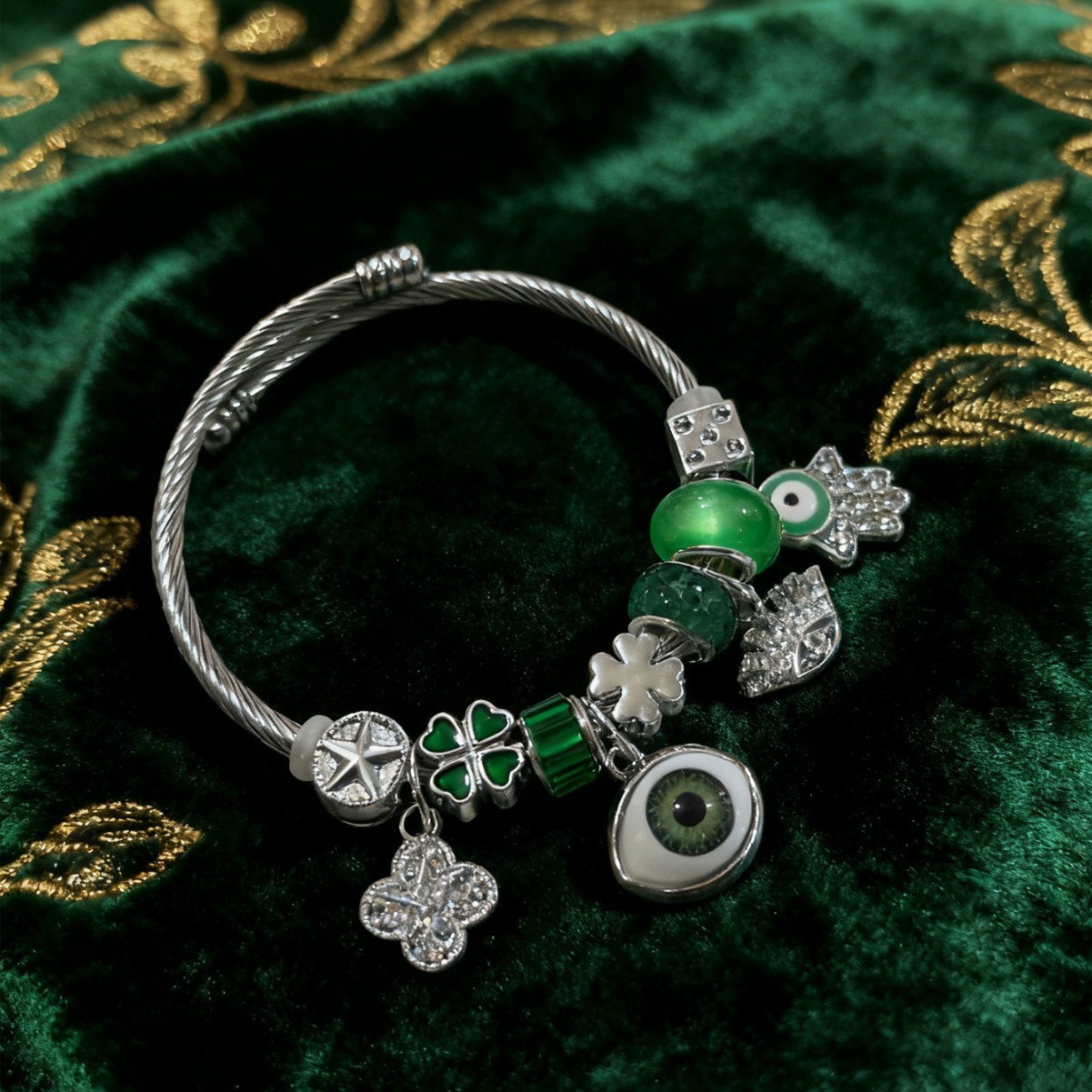 Brote transfronteriza Pan familia pulsera de acero inoxidable diamante rosa ojo del diablo mano de Dios joyas de color de hierba de cuatro hojas image 5