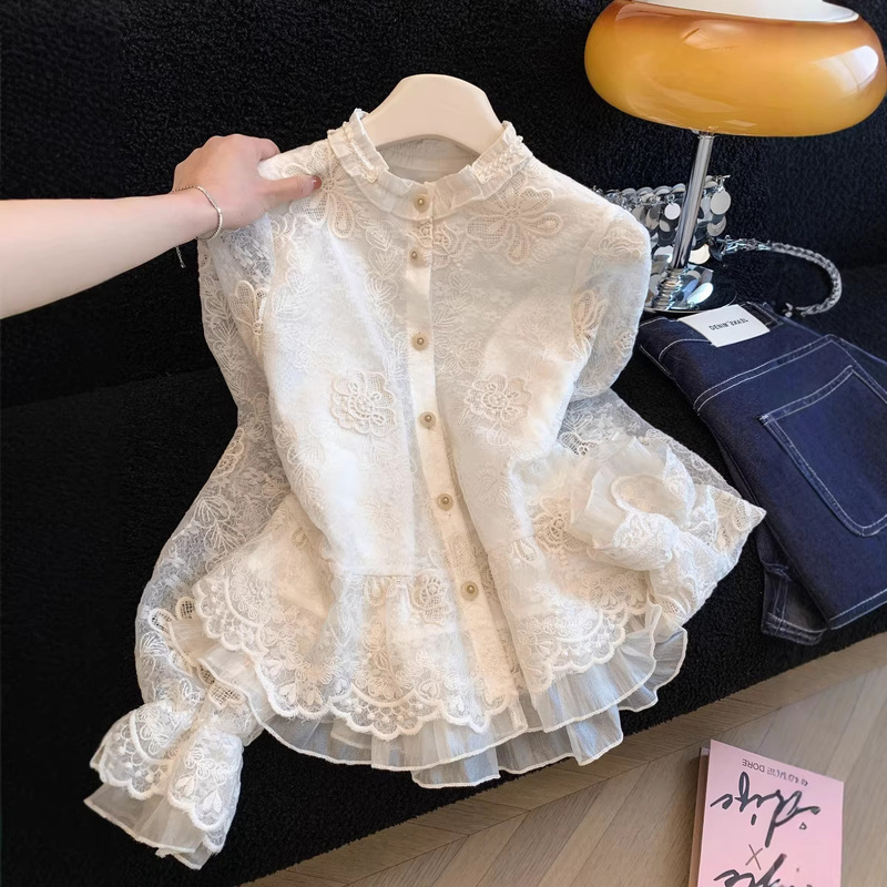 French Court-Style Lace Embroidered Shirt for Women, Early Spring Korean Version, Elegant Ruffled Edge, Beautiful and Finely Crafted Long-Sleeve Top French Court-Style Lace Embroidered Shirt for Women, Early Spring Korean Version, Elegant Ruffled Edge, Beautiful and Finely Crafted Long-Sleeve Top