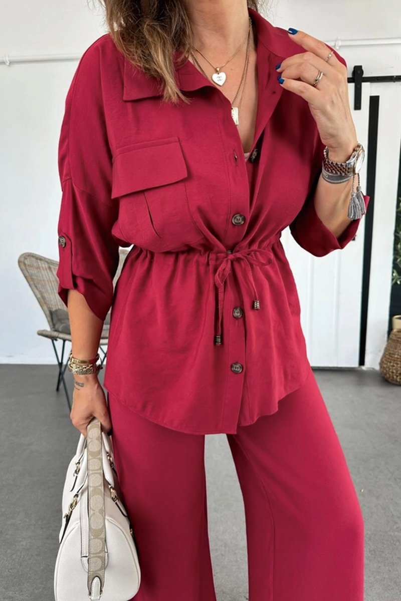 Women's Autumn Solid Color Casual Button Drawstring Loose Suit European And American Style_ecoleips.com