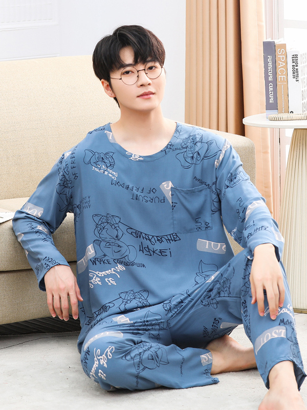 Spring and Autumn Men's Pajamas, Summer Youth Cotton Silk Pajamas Set, Cotton Silk Home Clothes, Middle and Large Children's Students' Long Sleeves