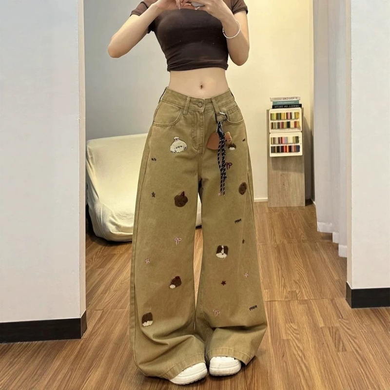 Women's Bear Embroidery Wide-Leg Jeans 2026 New Khaki High-Waisted Loose Denim Wide-Leg Pants Women's Bear Embroidery Wide-Leg Jeans 2026 New Khaki High-Waisted Loose Denim Wide-Leg Pants