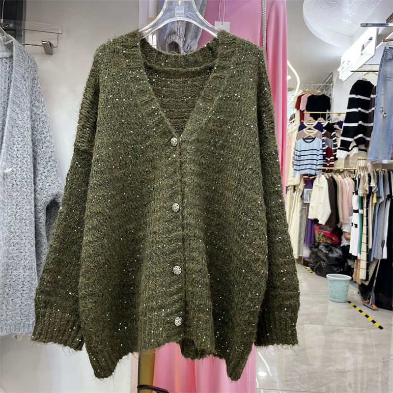 2026 Autumn New Design Sequined Solid Color V-neck Jacket Casual Lazy Style Drop Shoulder Sleeve Knit Cardigan 2026 Autumn New Design Sequined Solid Color V-neck Jacket Casual Lazy Style Drop Shoulder Sleeve Knit Cardigan