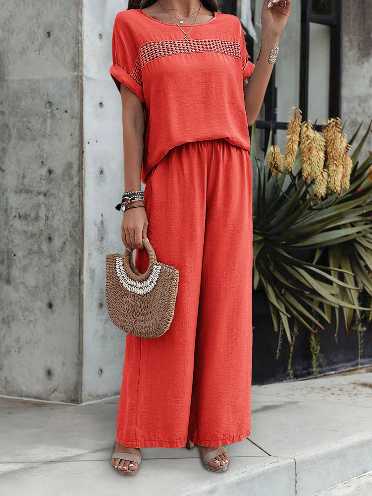 455g Weight Half Sleeve, Half Sleeve Sleeve Length Spandex, Polyester Fabric Type Low Waist Waist Line Short Top Length Pant Co-ord Set, Pant Co-ord Set Sets Type 2 Pieces Set Quantity Casual, Daily Occasion Round Neck, Round Neck Neckline Loose, Loose Fit Type Stripe, Solid Color Pattern Summer, Spring, Autumn Season Women's Gender Hollow Out Design Streetwear, Streetwear Style Apricot Color KaiKuO Women's Fashion Independent Station 2024 Spring Summer Export Casual Fashion Solid Color Short Sleeve Long Pants Hollow Out Set 27