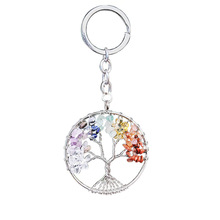 跨境7彩石头天然水晶碎石生命树钥匙扣吊坠发财树钥匙链挂饰批发